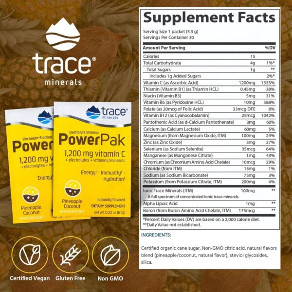 Trace Minerals Power Pak - Health Support Supplement with Vitamins & Minerals - Power Packet Aids Immune Health & Hydration - Mix Powder Supports Bodily Functions - Pineapple Coconut (30 Servings)