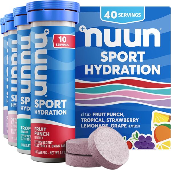 Nuun Sport Electrolyte Tablets - Dissolvable in Water, Juice Box Mixed Flavors, 5 Essential Electrolytes for Hydration, 1g Sugar Drink Mix, Vegan, Non-GMO, 4 Pack (40 Total Servings)