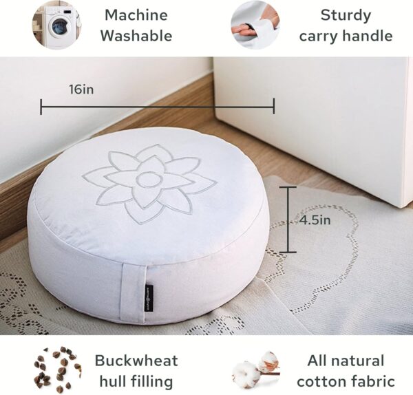 Mindful & Modern Large Meditation Cushion for Zafu Yoga - Meditation Pillow for Sitting on the Floor - Buckwheat Hull Filled Yoga Cushion with Removable, Washable 100% Cotton Cover and Carry Handle