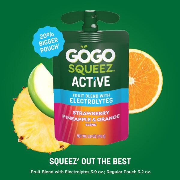 GoGo squeeZ Active Fruit Blend with Electrolytes | 18-Count Variety Pack | Blueberry Strawberry Lemon & Strawberry Pineapple Orange | Made with Real Fruit and Antioxidants Vitamin A, Vitamin E, & Vitamin C​