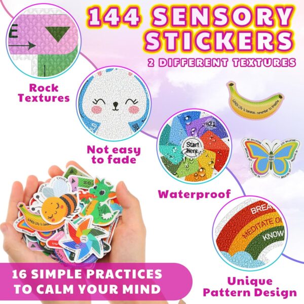 144 Pcs Calm Anxiety Sensory Stickers Textured Sensory Strips Stickers Mindfulness Relief Mental Health for Kids Rainbow Apple Animals Anxiety Relief for Teens Adults Office School Desk Supply