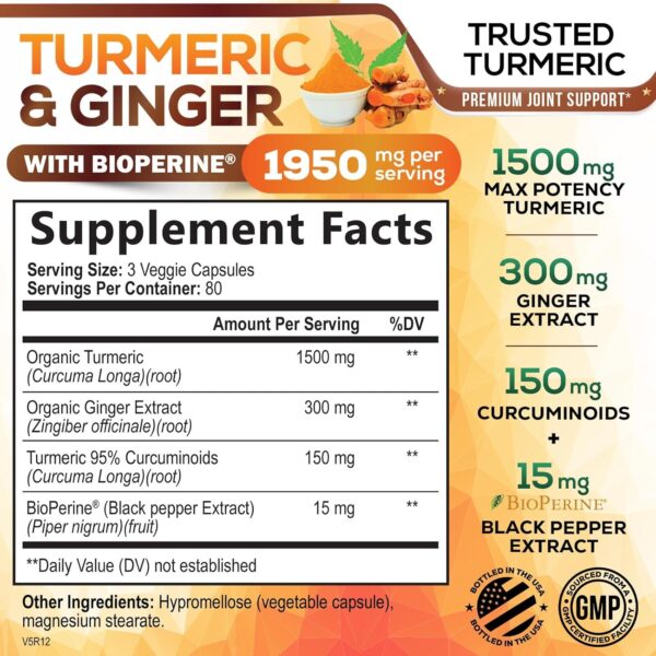 Turmeric Curcumin Supplement 1950mg with Organic Turmeric & Ginger, 95% Curcuminoids, BioPerine Black Pepper for Best Absorption, Nature's Vegan Joint Support, Non-GMO, Bottled in USA - 240 Capsules