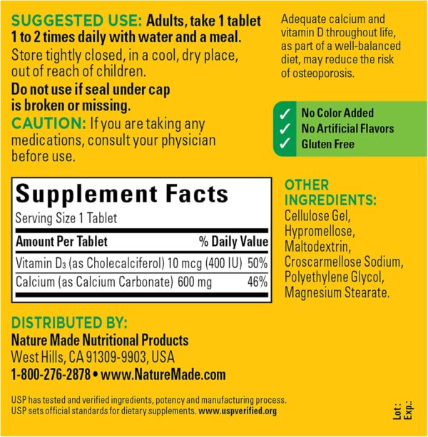 Nature Made Calcium 600 mg with Vitamin D3, Dietary Supplement for Bone Support, 220 Tablets (pack of 1)