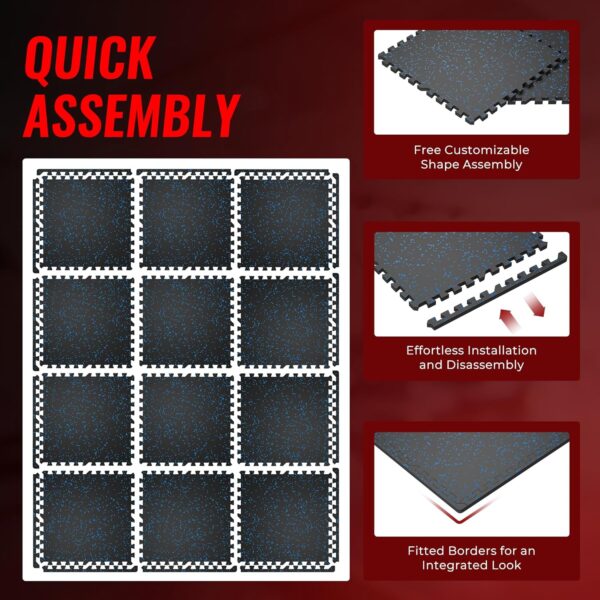 81VSfJAadUL._AC_SL1500_.jpg SUPERJARE 0.79'' Extra-Thick Exercise Equipment Mats, 12 Pcs 48 Sq Ft Rubber Top Floor Tiles with High Density EVA Foam, Interlocking Gym Flooring for Home Gym, Workout Mat, Black/Blue