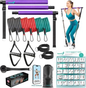 Pilates Bar Kit with Resistance Bands - Home Gym Equipment - Workout Equipment for Women and Men - Pilates Equipment with Adjustable Resistance Bands