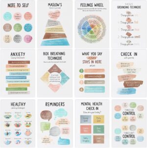 JIANWEI 12pcs Mental Health Posters, 10’’x14’’ School Counselor Supplies, Calm Down Corner Coping Skills Wall Art, Inspirational Posters Motivational Posters for Home Classroom Decoration(as Shown)