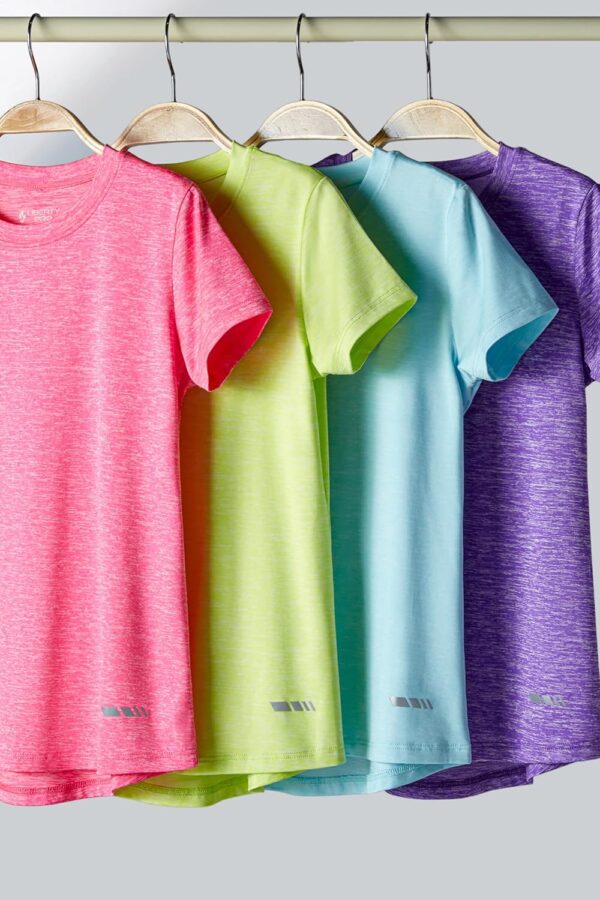 4 Pack: Youth Girls Athletic Shirts, Short Sleeve Dry Fit Apparel Tech Tshirts, Sports Activewear for Kids Teens