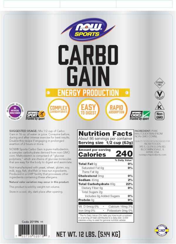 NOW Foods Sports Nutrition, Carbo Gain Powder (Maltodextrin), Rapid Absorption, Energy Production, 12-Pound