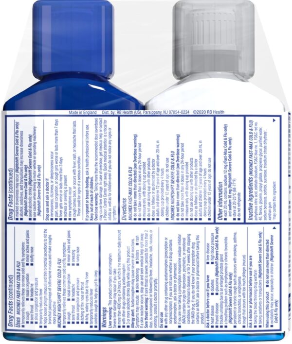 Mucinex Fast-Max Cold and Flu & Nightshift Severe Cold and Flu Medicine for Adults, Over-the-Counter Medication Combo Pack for Sore Throat Relief, Decongestant, Cough & Cold Medicines, 2 x 6 Fl Oz