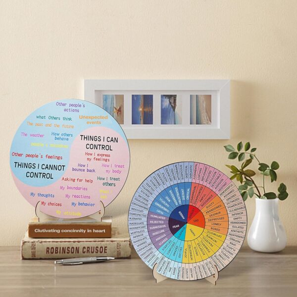 Feelings Wheel Therapy Office Decor, 5.8 Inches Diameter Double Sided Mental Health Decor Emotion Wheel with Stand, Wooden Coping Wheel Chart Gifts for School, Therapy Office, 2025 Upgrade
