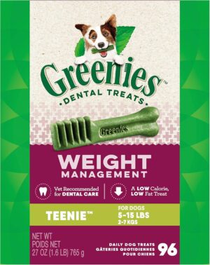 Greenies Weight Management Teenie Natural Dog Dental Care Chews Weight Control Dog Treats, 27 oz. Pack (96 Treats)