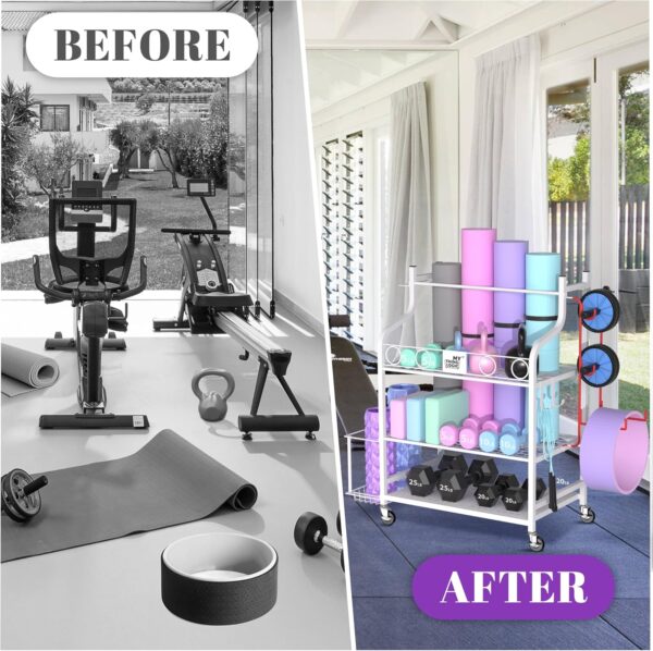 Mythinglogic Yoga Mat Storage Racks,Home Gym Storage Rack for Dumbbells Kettlebells Foam Roller, Yoga Strap and Resistance Bands, Workout Equipment Storage Organizer With Hooks and Wheels