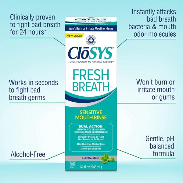 CloSYS Sensitive Mouthwash, 32 Ounce, 2 Count, Gentle Mint, Alcohol Free, Dye Free, pH Balanced, Helps Soothe Mouth Sensitivity, Fights Bad Breath