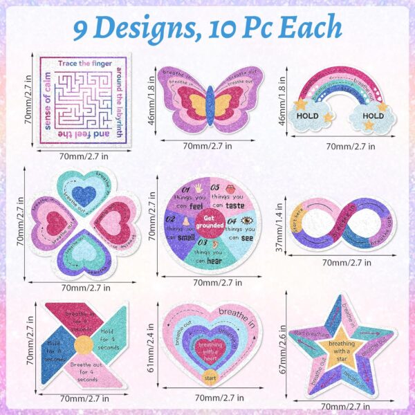 90 Pcs Sensory Strips for Anxiety Relief Items, Calm Strips with 10 Different Style, Unique Sensory Stickers for Relieve Adults Teens Fidgets Stress (Purple)
