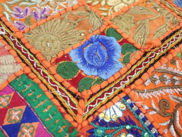 CRAFT KALA Indian Square Patchwork Traditional Pouf Cover Indian Living Room Poufs Decorative Embroidered Designer Ottoman Home Living Footstool Chair Cover Decor Pillow Cover 22x22x5 inches, Orange