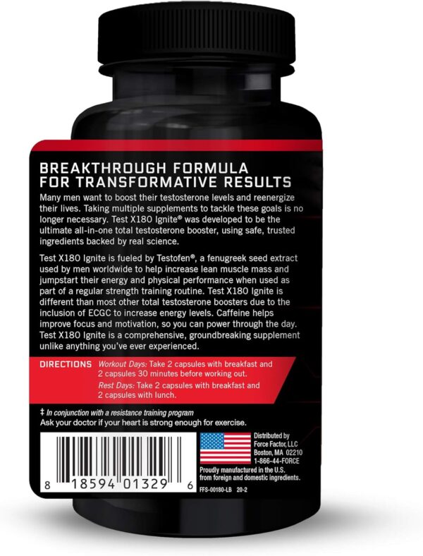 FORCE FACTOR Test X180 Ignite, Testosterone Booster & Fat Burner for Men, Testosterone Supplement to Burn Fat, Build Muscle, Increase Energy, and Boost Vitality and Performance, 60 Count (Pack of 2)