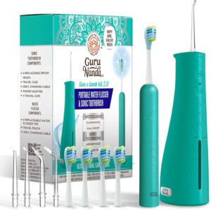 GuruNanda Lion & Lamb Kit 2.0, Electric Toothbrush with Water Flosser Combo, 4 Jet Tips, 4 Brush Heads, & IPX7 Waterproof Design for Complete Oral Care, Teal