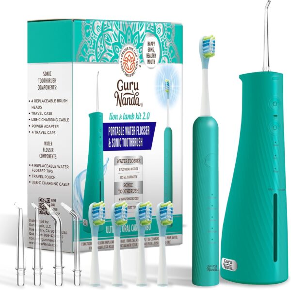 GuruNanda Lion & Lamb Kit 2.0, Electric Toothbrush with Water Flosser Combo, 4 Jet Tips, 4 Brush Heads, & IPX7 Waterproof Design for Complete Oral Care, Teal