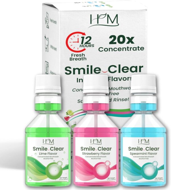 HM -Smile Clear Concentrated Alcohol Free Mouthwash (Mixed (Lime, Spearmint, Strawberry), Pack of 3 (3x2Fl Oz)) Advanced Dental Care-Smart Ingredients,for Bad Breath, whitening Teeth,Healthy Gums