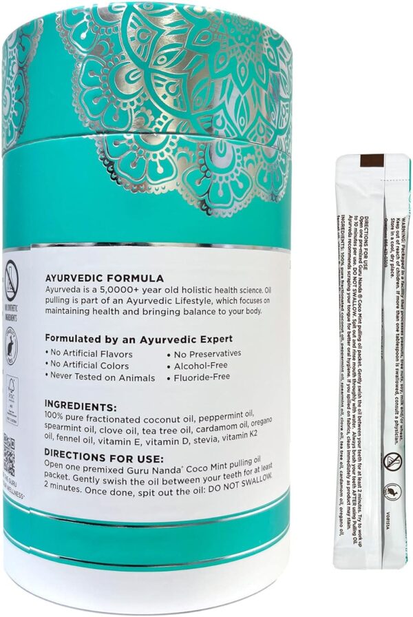 GuruNanda Travel Sachets Coconut Oil Pulling, Fresh Breath & Whitening Mouthwash, 7 Essential Oils & Vitamins for Happy Teeth & Gums, 28 Sachets