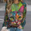 ZOCAVIA Women's Y2K Art Cat Sweatshirts Fall Abstract Cat Graphic Pullover Tops Long Sleeve Oil Painting Cat Printed T Shirts
