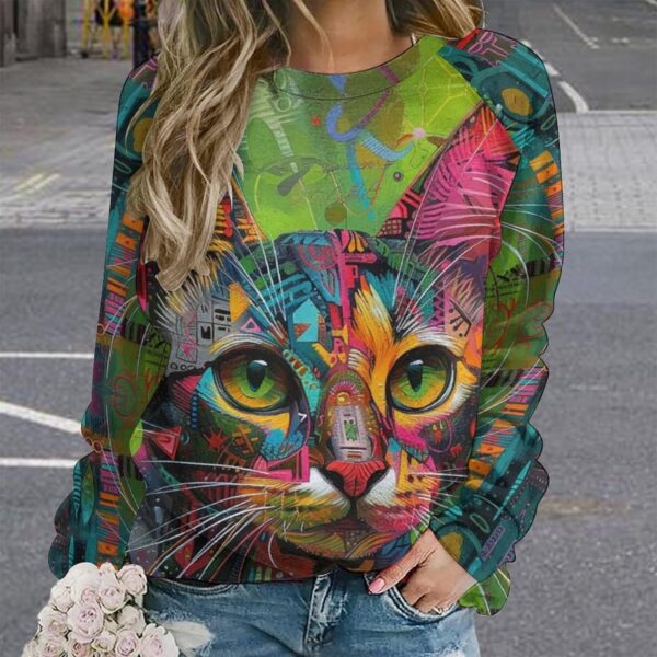 ZOCAVIA Women's Y2K Art Cat Sweatshirts Fall Abstract Cat Graphic Pullover Tops Long Sleeve Oil Painting Cat Printed T Shirts