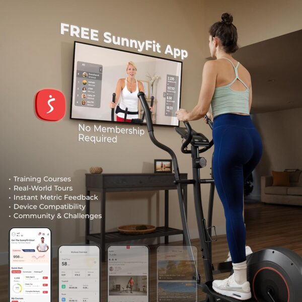 Sunny Health & Fitness 2-in-1 Smart Upright Elliptical Full-Body Exerciser w/Pulse Sensors, Home Cross-Training Cardio Workout Machine, Free SunnyFit App Bluetooth Link, Optional Long Stride Length