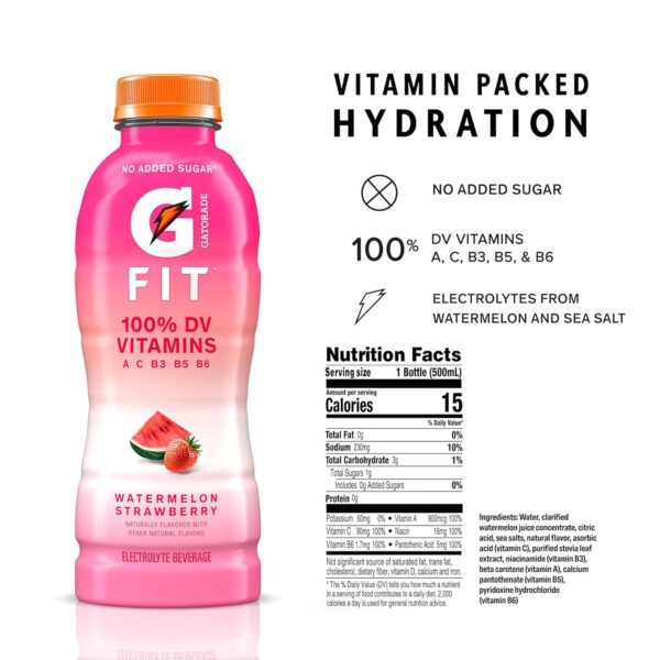 Gatorade Fit Electrolyte Beverage, Healthy Real Hydration, Watermelon Strawberry, 16.9.oz Bottles (12 Pack)