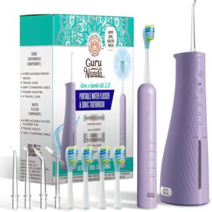 GuruNanda Lion & Lamb Kit 2.0, Electric Toothbrush with Water Flosser Combo, 4 Jet Tips, 4 Brush Heads, & IPX7 Waterproof Design for Complete Oral Care, Lavender
