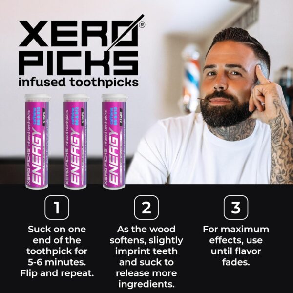 Xero Picks Energy Infused Flavored Toothpicks with Caffeine, B12 and B6-60 Picks (3 Pack) (Grape)