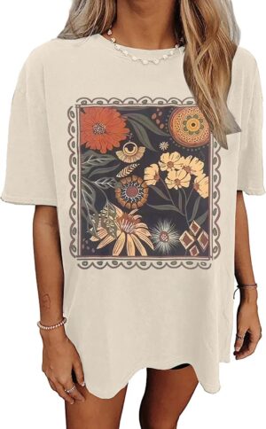 Womens Oversized Tshirt Flower Graphic Tees Nashville Music Short Sleeve Shirts Summer Casual Loose Beach Tops