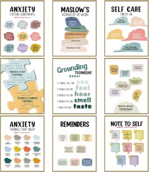 Outus 9 Pieces Mental Health Posters Anxiety Therapy Motivational Poster Psychologist Counselor Inspirational Posters Positive Quotes Wall Decor Classroom for Home Office, 8 x 10 Inch(Retro Style)