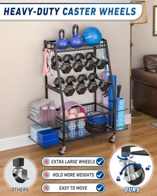 Weight Rack for Dumbbells - Dumbbell Rack for Home Gym - Home Gym Storage Rack for Dumbbells and Strength Training Equipment - Weight Rack for Home Gym with Side Shelves, Hooks and Wheels