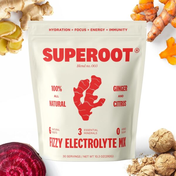 SUPEROOT® 100% Natural Detox & Immunity Electrolytes (Fizzy) | Ginger & Citrus Flavor | Vitamin C, Deep Ocean Minerals, & Antioxidants | Energy, Hydration | 0 Added Sugar | Caffeine Free | 30 Servings