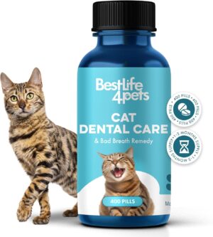 Cat Dental Care & Bad Breath Remedy, Natural Oral Health for Cats Teeth, Mouth, Gums, Daily Cat Breath Freshener, Plaque and Tartar Control Help Gingivitis and Stomatitis, Easy to Use 400 Tiny Pills