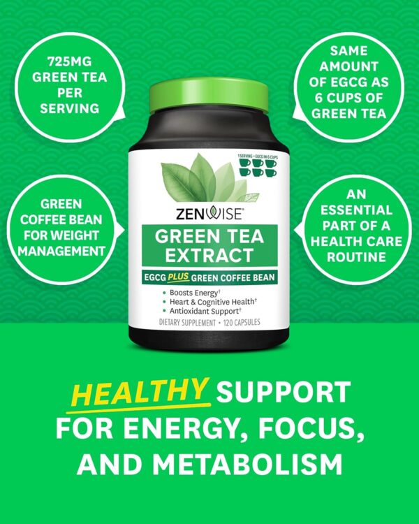 Zenwise Health EGCG Green Tea Extract Capsules - Mental Focus + Immune Health + Antioxidant + Heart Support with Green Coffee Bean for Energy & Metabolism Boost - 120 CT