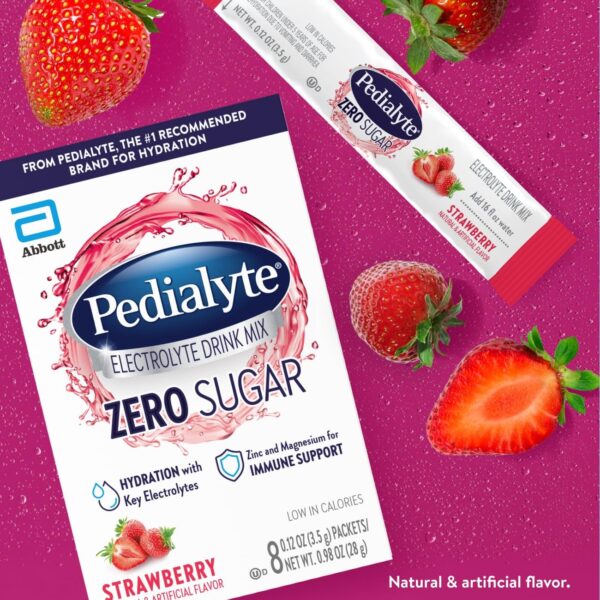 Pedialyte Electrolyte Drink Mix With Zero Sugar | Hydration With Key Electrolytes | Great Hydration Low in Calories | Strawberry, 8 Powder Packets