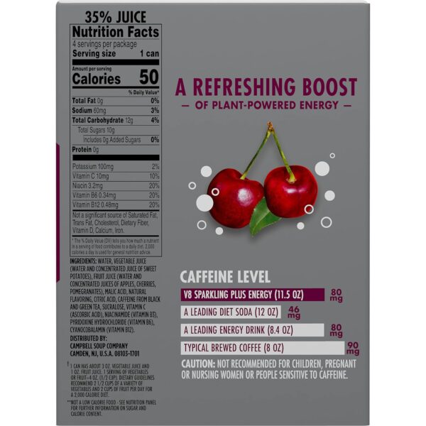 V8 +SPARKLING ENERGY Black Cherry Energy Drink, Made with Real Vegetable and Fruit Juices, 11.5 FL OZ Can 4 Count (Pack of 6)