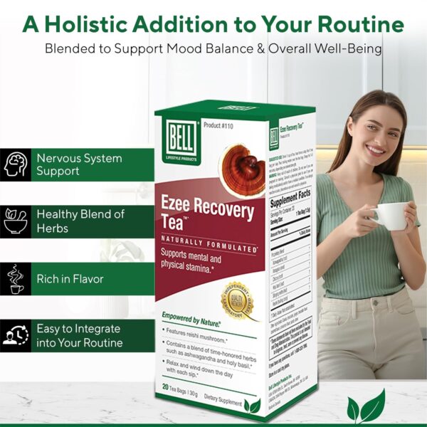 Ezee Recovery Tea by Bell Lifestyle Products Herbal Blend | Helps Support Relaxation and Well-Being with Reishi Mushroom, Ashwagandha, Holy Basil, Natural, Vegan, 20 Tea Bags