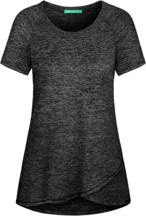 Kimmery Woman Raglan Sleeve Round Neck Irregular Hem Yoga Workout Shirt Sizes M-3XL