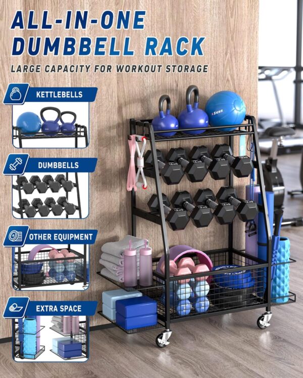 Weight Rack for Dumbbells - Dumbbell Rack for Home Gym - Home Gym Storage Rack for Dumbbells and Strength Training Equipment - Weight Rack for Home Gym with Side Shelves, Hooks and Wheels