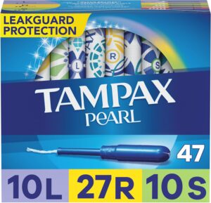 Tampax Pearl Tampons Multipack, Light/Regular/Super Absorbency, With Leakguard Braid, Unscented, 47 Count