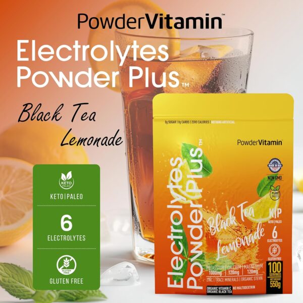 Electrolytes Powder Plus (100 Servings) Black Tea Lemonade Electrolyte Powder Zero Calorie Keto,0 Sugar, No Maltodextrin,1000mg Potassium,120mg Calcium,120mg Magnesium, Hydration Powder