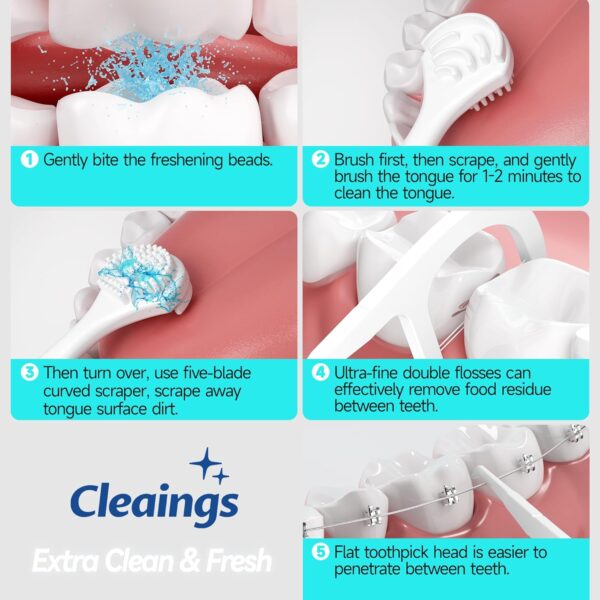 cleaings® 15Pcs Mini Disposable Tongue Brushes with Cleaning Paste Beads and Floss Picks, Tongue Cleaners, Reduce Bad Breath, Tongue Scraper-Mix Flavor (Pack of 5)