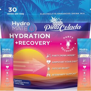 NatureWorks HydroMATE Electrolytes Powder Packets Pineapple Hydration Accelerator Low Sugar Party Favors for Recovery Tropical Pina Colada 30 Count