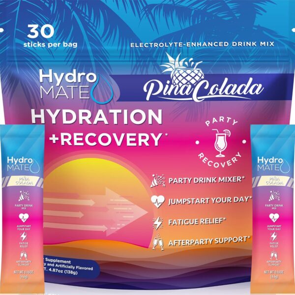 NatureWorks HydroMATE Electrolytes Powder Packets Pineapple Hydration Accelerator Low Sugar Party Favors for Recovery Tropical Pina Colada 30 Count