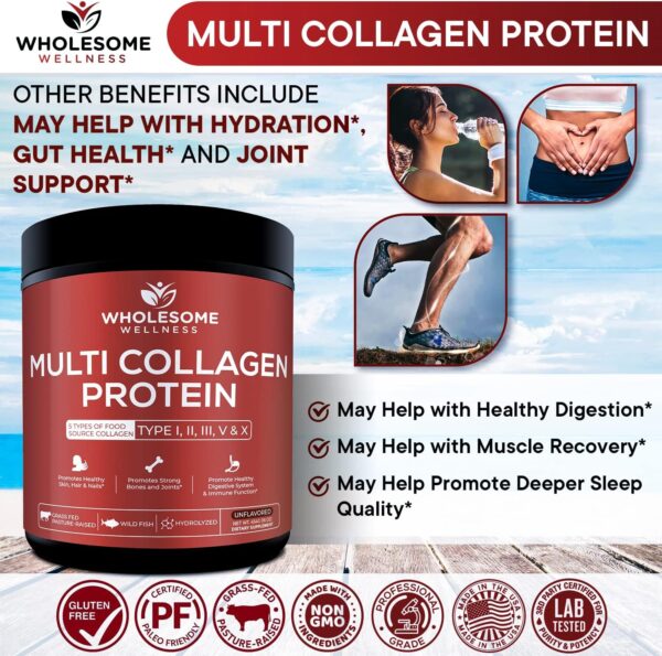 Multi Collagen Protein Powder Hydrolyzed (Type I II III V X) Grass-Fed All-in-One Super Bone Broth + Collagen Peptides - Premium Blend of Beef, Chicken, Wild Fish, Eggshell, 58 Servings, Unflavoured