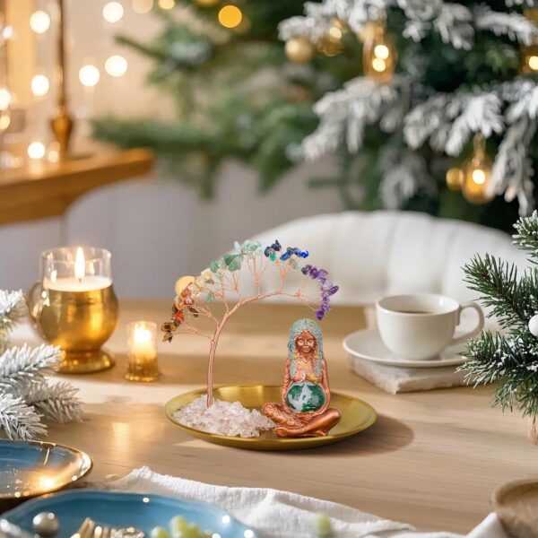 ZenBless Crystals Tree,7 Chakra Healing Crystals Tree Gaia Te Fiti Storage Tray Yoga Meditation Zen Home Decor Set Figurine Ornament Decoration Feng Shui Wealth Luck (Mother Earth Statue_Gold Tray)