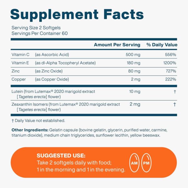 AREDS 2 Eye Vitamin & Mineral Supplement for Ocular Health, Lutemax 2020 with Natural Eye Institute AREDS 2 Study Ingredients Lutein, Vitamin C, & Zeaxanthin, 120 Mini Softgels