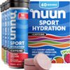 Nuun Sport + Caffeine Electrolyte Tablets - Dissolvable in Water, Mixed Flavor Box, 5 Essential Electrolytes for Hydration, 1g Sugar Drink Mix, Vegan, Non-GMO, 4 Pack (40 Servings)